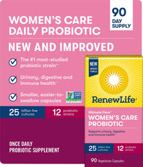 Renew Life probiotic bottle highlights dairy-free attributes.