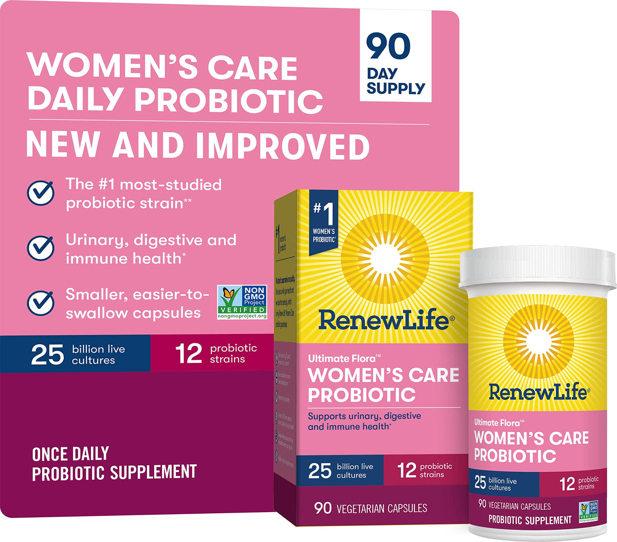 Renew Life Ultimate Flora Women's Care probiotic bottle for daily digestive balance.