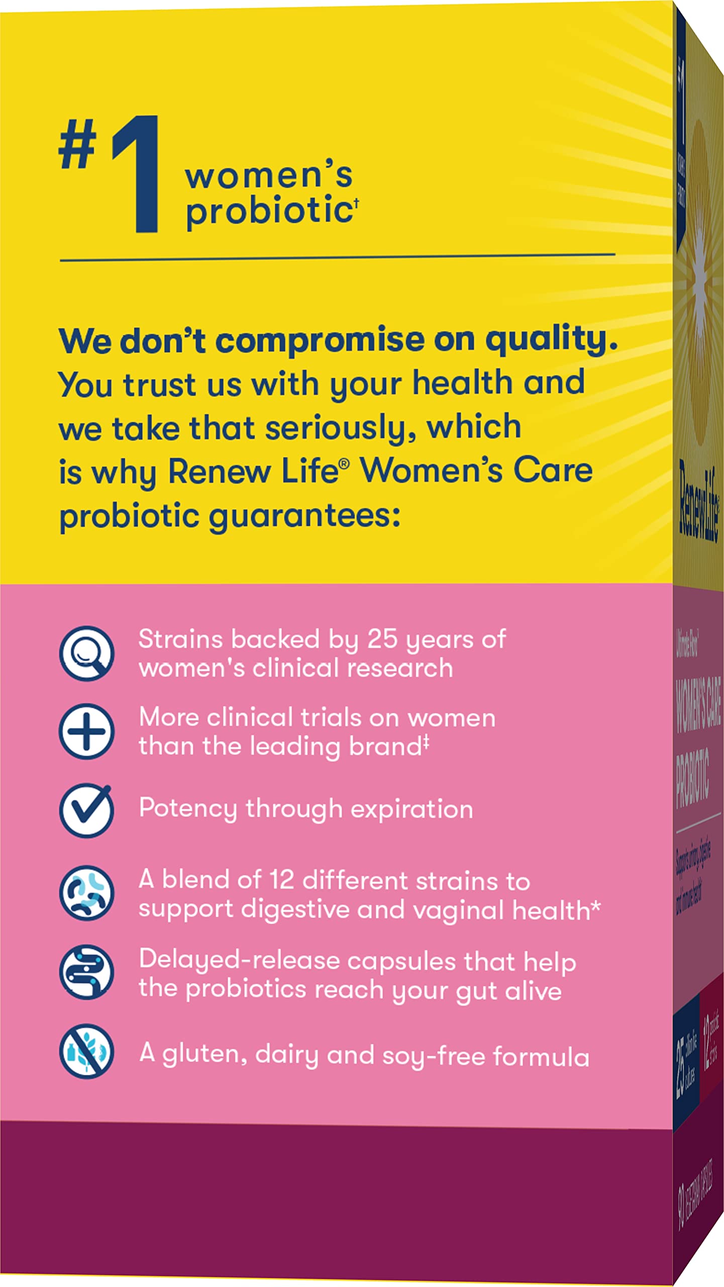 Renew Life probiotic bottle highlights soy-free attributes.