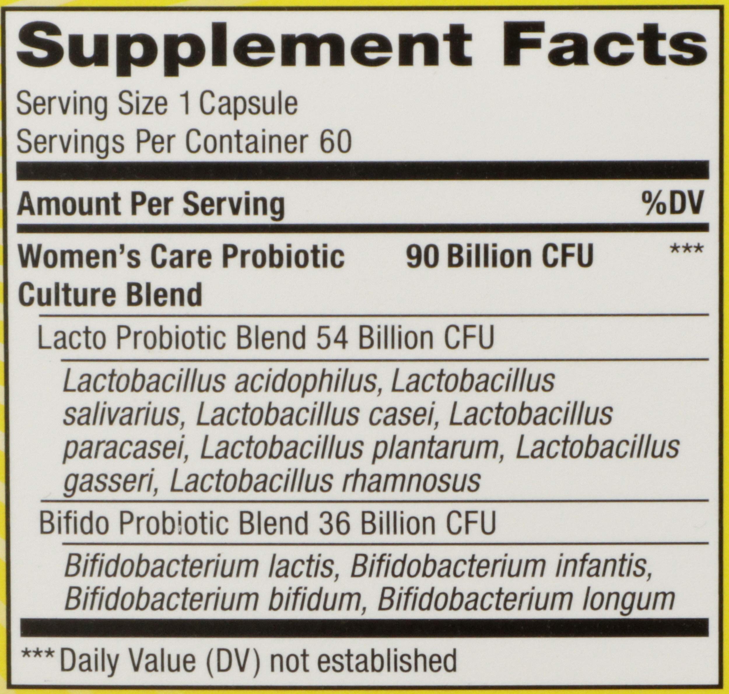Renew Life Women's Care 90 Billion CFU label highlights potency and variety.