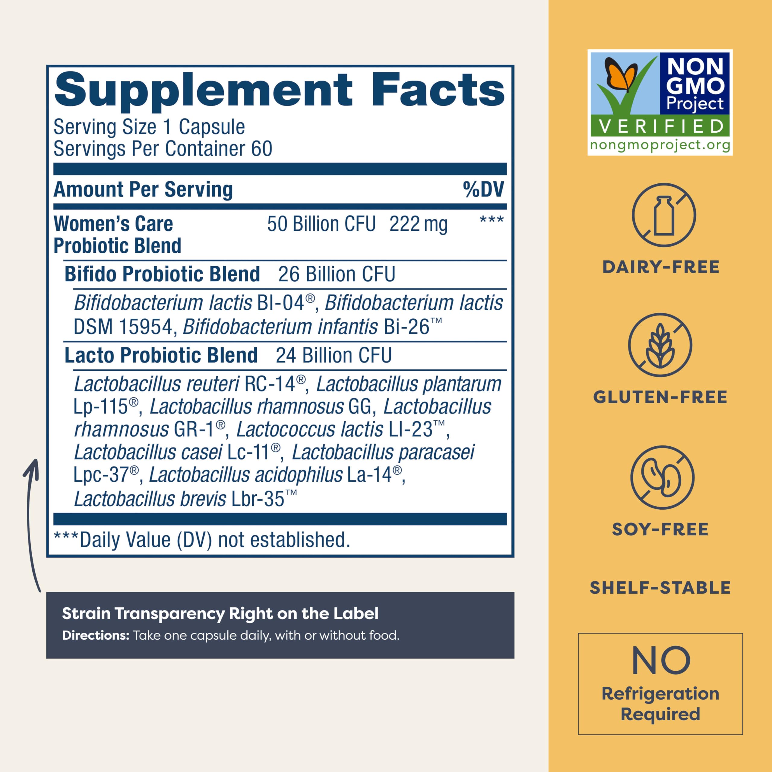 Renew Life Women's Probiotic 12-strains label highlights diverse strains for vaginal and digestive support.