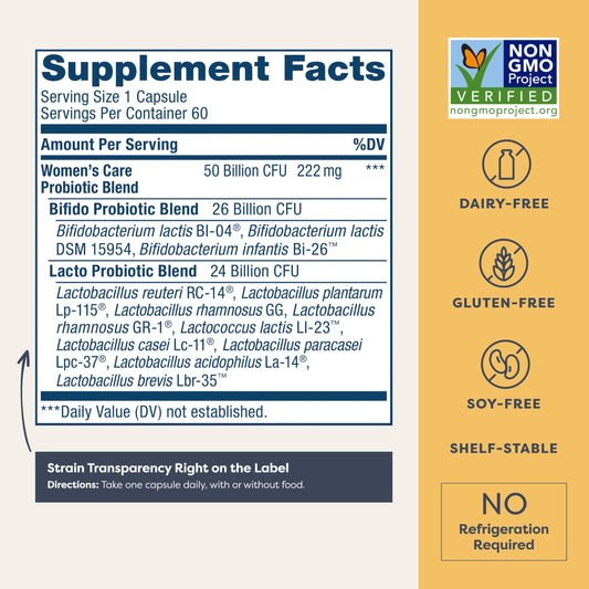 Renew Life Women's Probiotic 12-strains label highlights diverse strains for vaginal and digestive support.