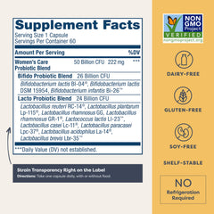 Renew Life Women's Probiotic 12-strains label highlights diverse strains for vaginal and digestive support.