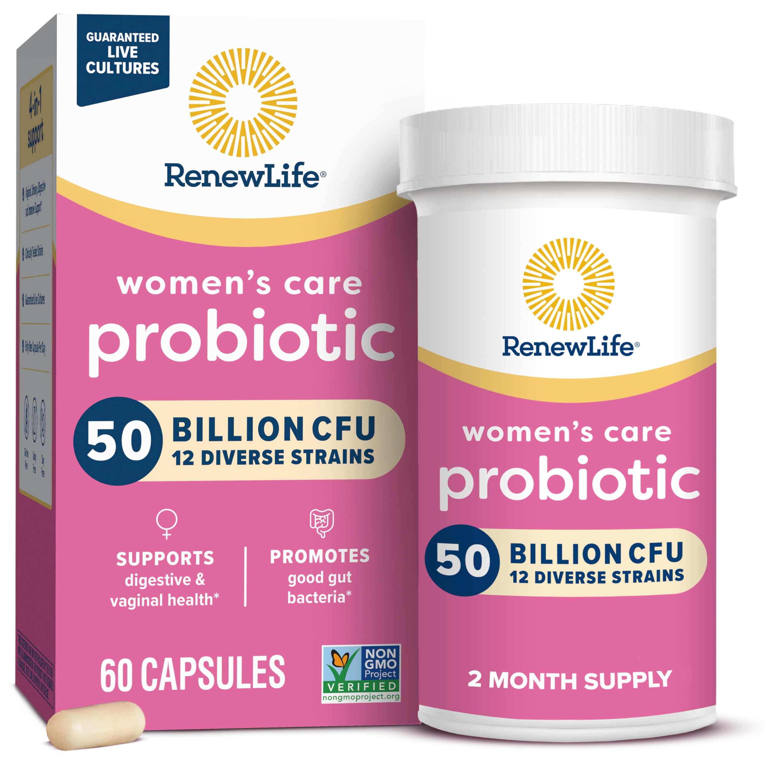 Renew Life Women's Probiotic bottle shows 50 billion CFU for daily feminine balance.