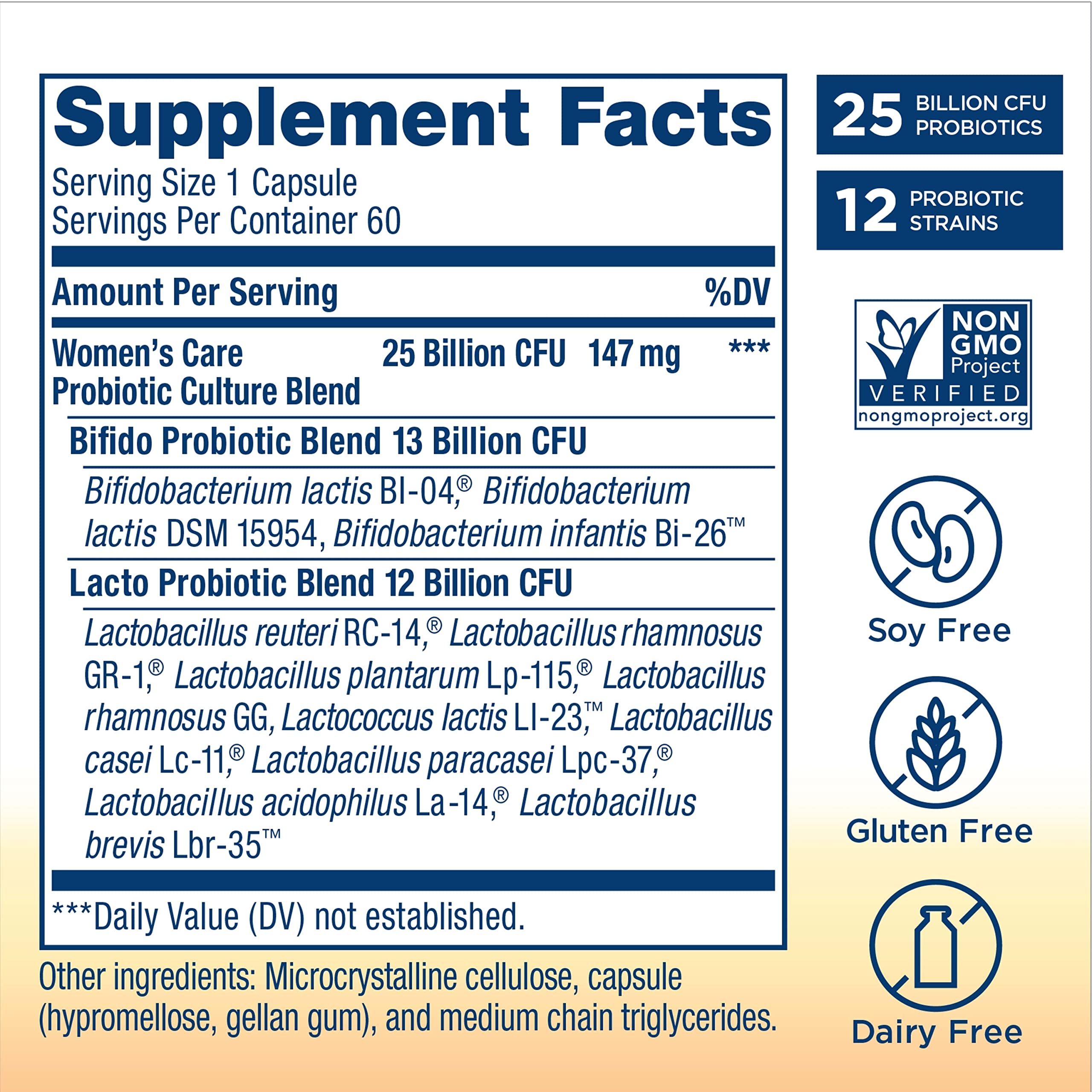 Renew Life Women's Care Probiotic bottle back label detailing ingredients and allergen information.