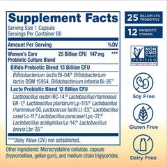 Renew Life Women's Care Probiotic bottle back label detailing ingredients and allergen information.