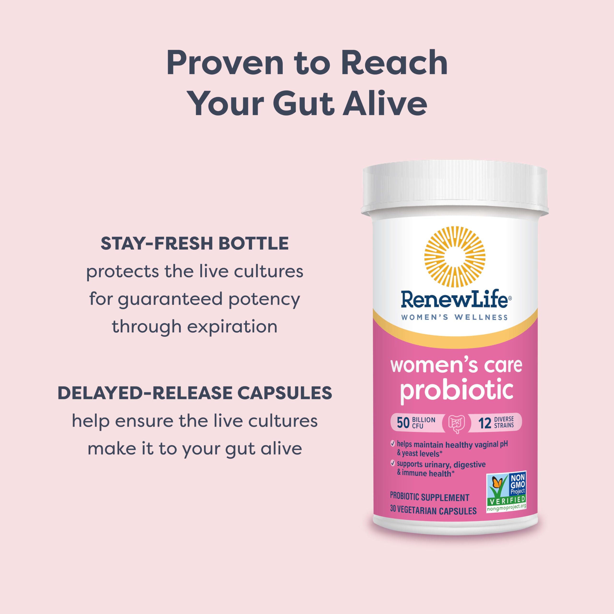 Renew Life delayed-release capsules image demonstrates protective delivery to the gut.