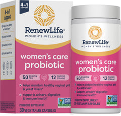 Renew Life Women's Probiotic bottle shows 50B CFU to support daily feminine and digestive health.