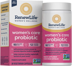 Renew Life Women's Probiotic Capsules bottle front, supporting daily vaginal, urinary, digestive and immune health.
