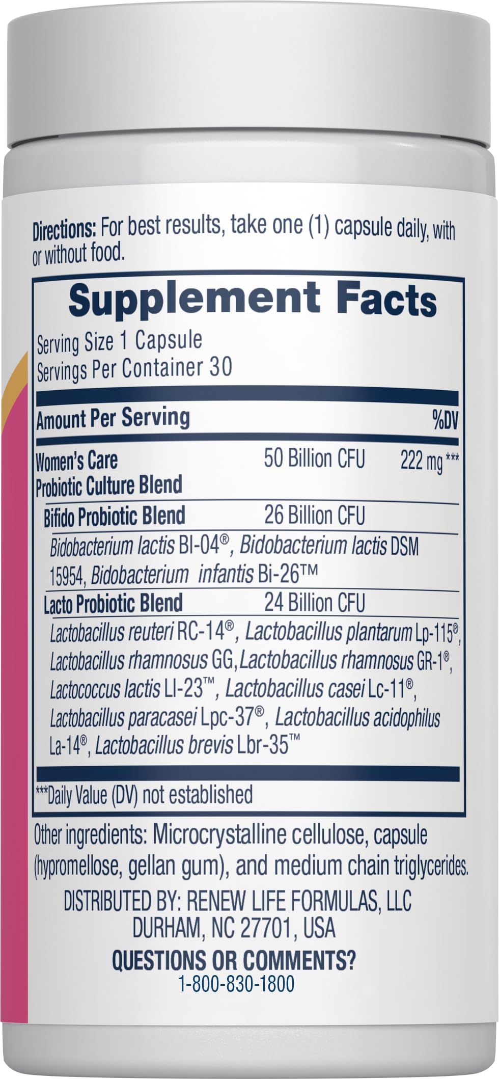 Renew Life probiotic capsules close-up highlighting multiple strains including GR-1 and RC-14.
