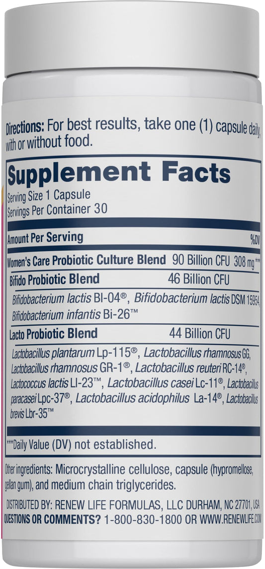 Renew Life Women's Probiotic Capsules label closeup highlighting 90 billion CFU and 12 strains.