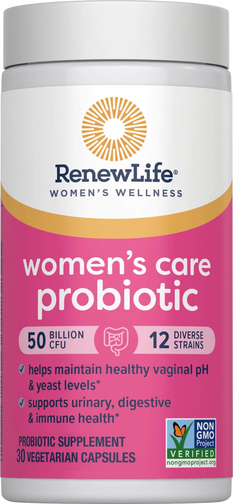 Renew Life packaging emphasizing gluten-free, dairy-free and soy-free formulation.