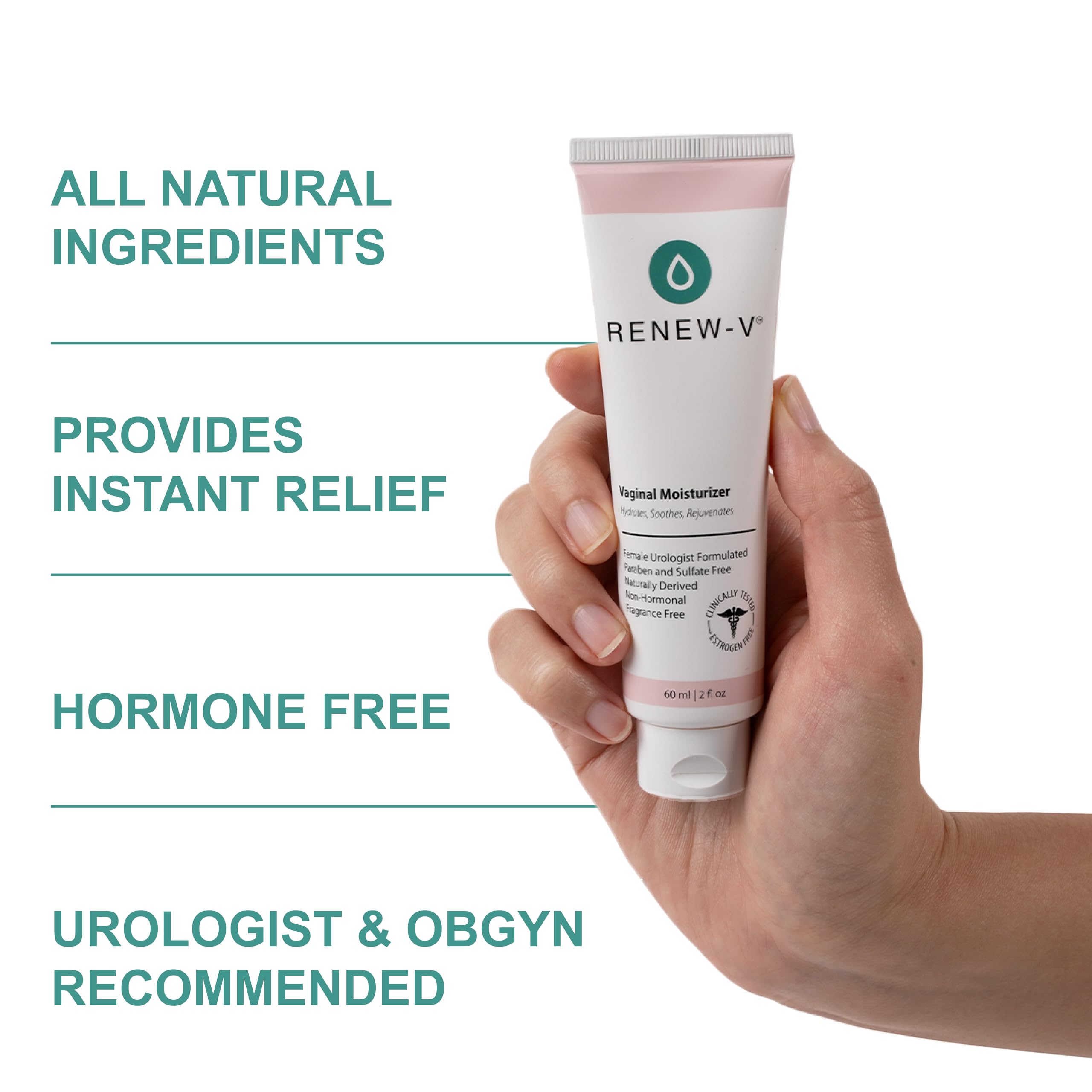 Renew-V bottle top view highlights compact, easy-to-use design for daily care