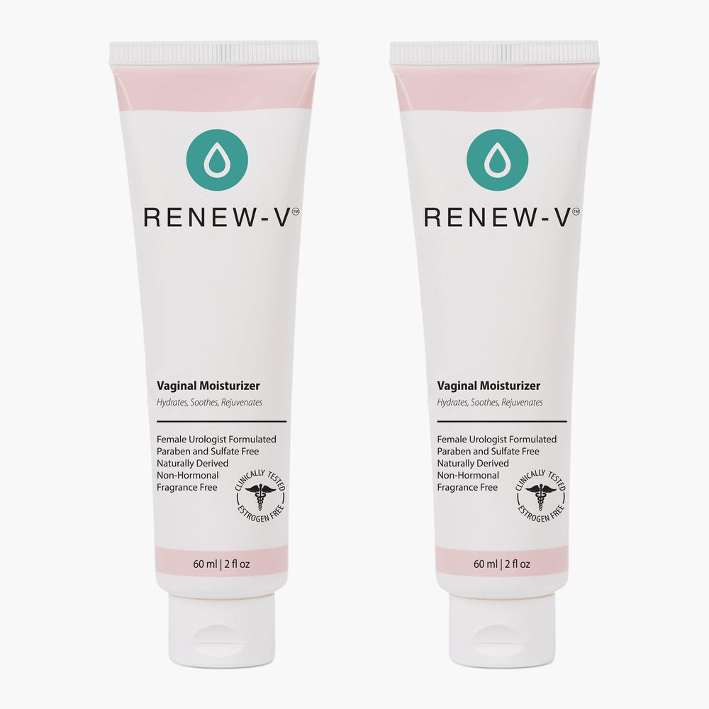 Renew-V vaginal moisturizer bottle being poured for hydration and comfort