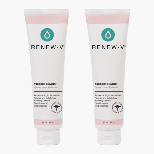 Renew-V vaginal moisturizer bottle being poured for hydration and comfort