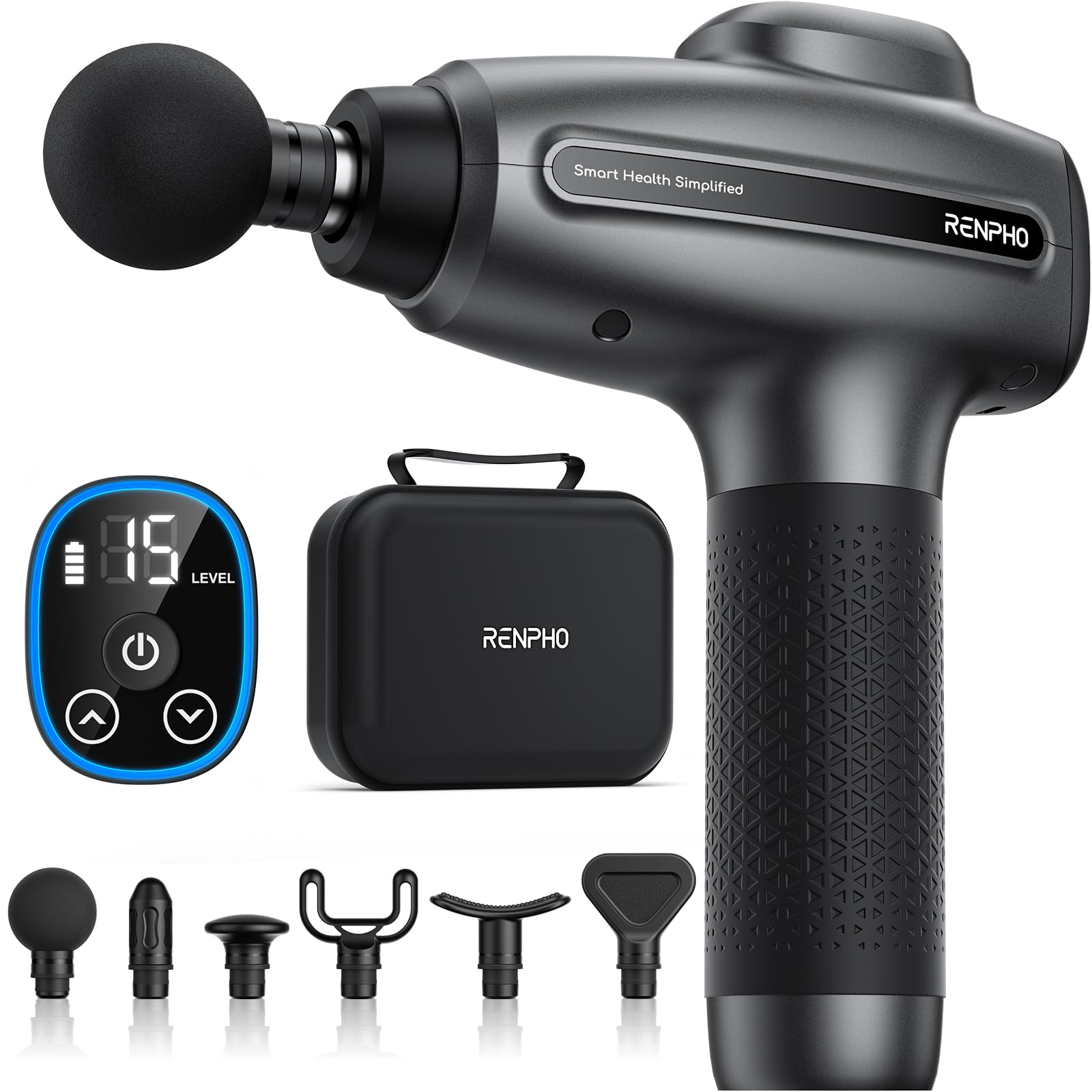 RENPHO Active C4 Massage Gun front view for easy, targeted muscle relief.