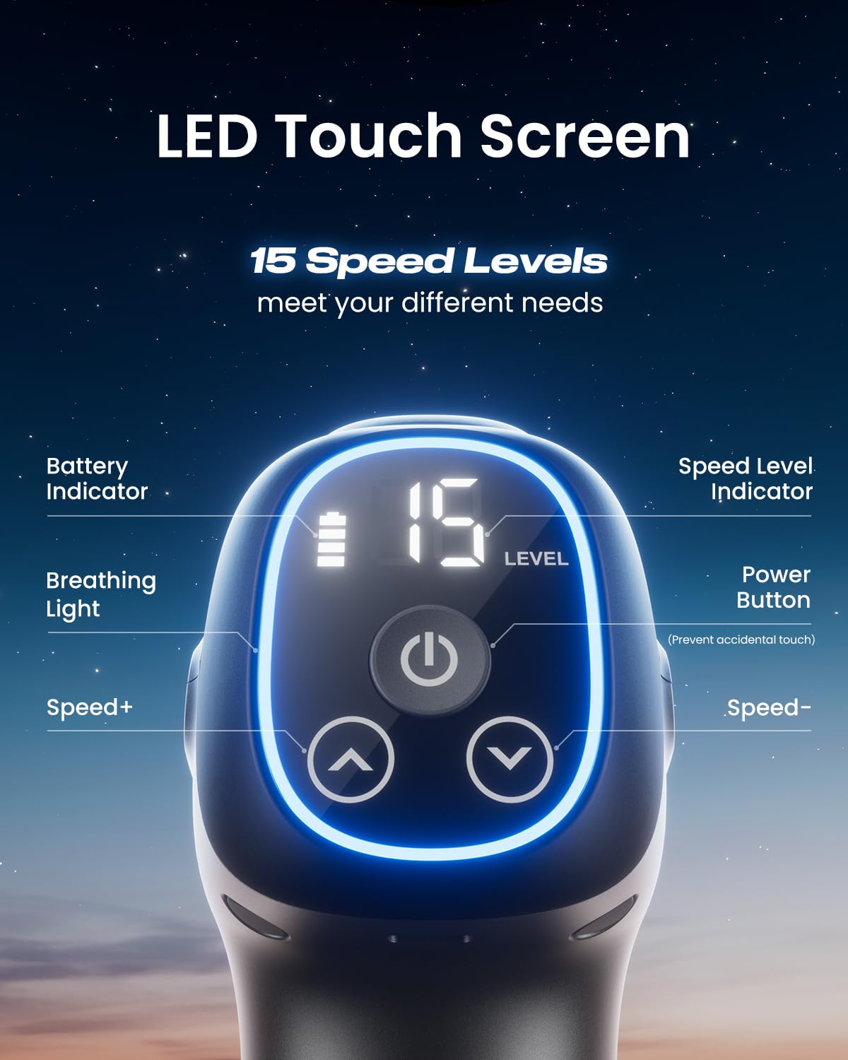 RENPHO Active C4 Massage Gun LED touchscreen demonstrates simple speed control.
