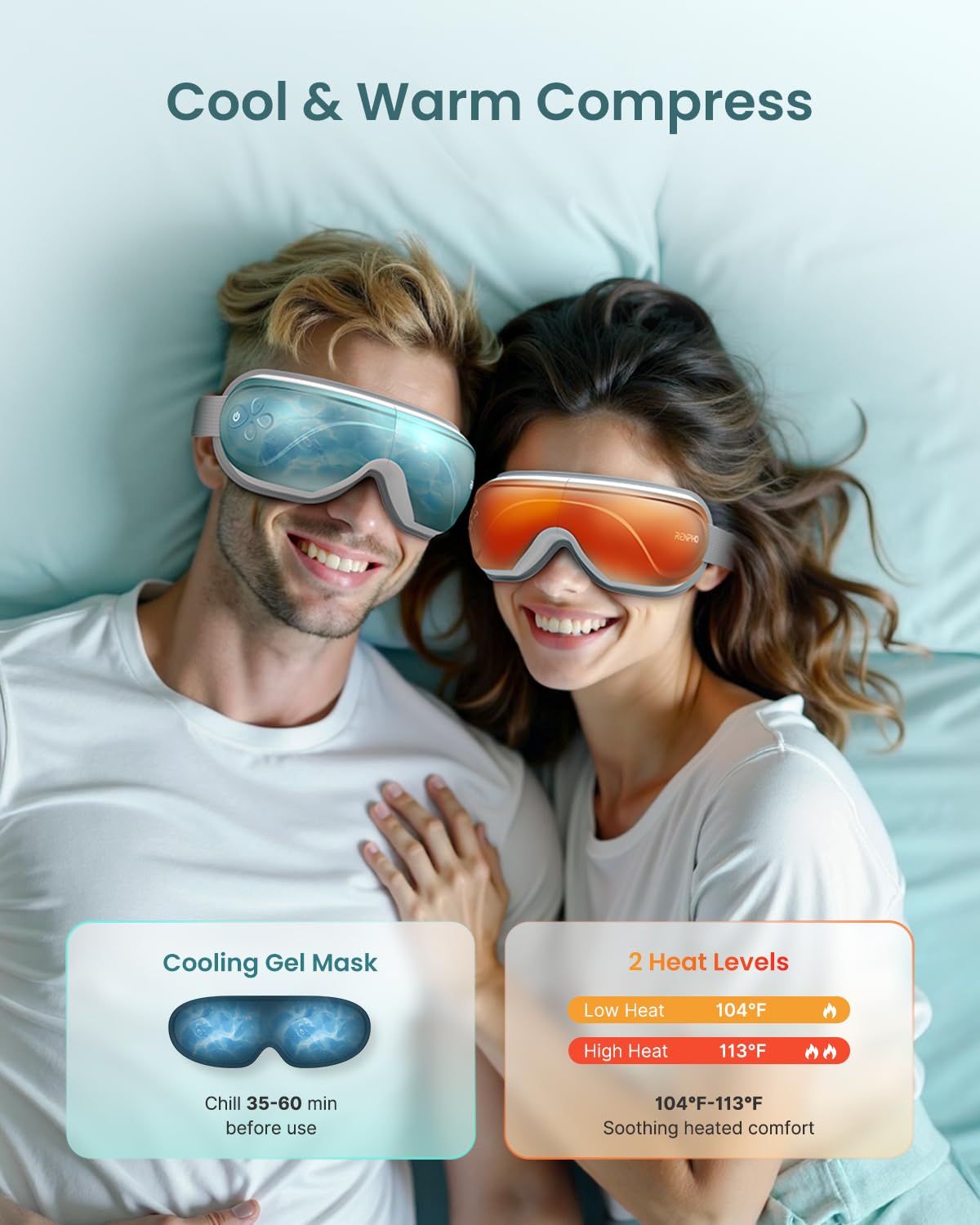 Cooling gel mask on RENPHO Eye Massager provides instant refreshment after long screen time.