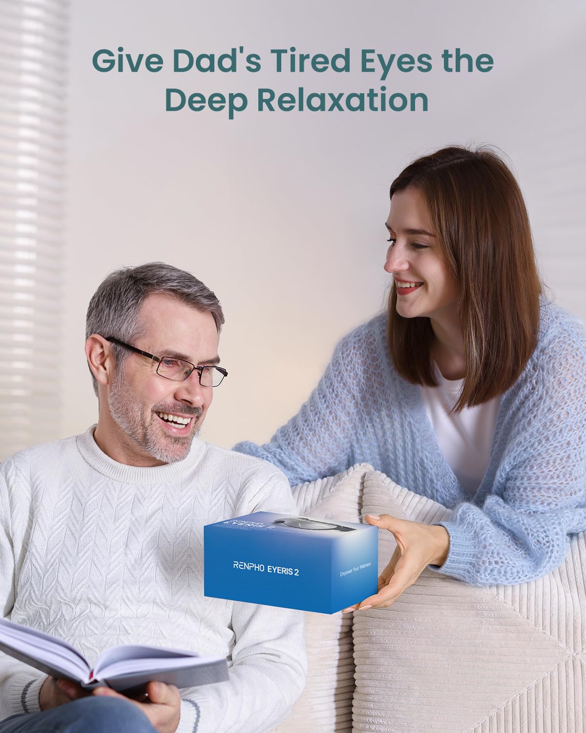 RENPHO Eye Massager with heat settings 104°F–113°F for comfortable relief from strain.