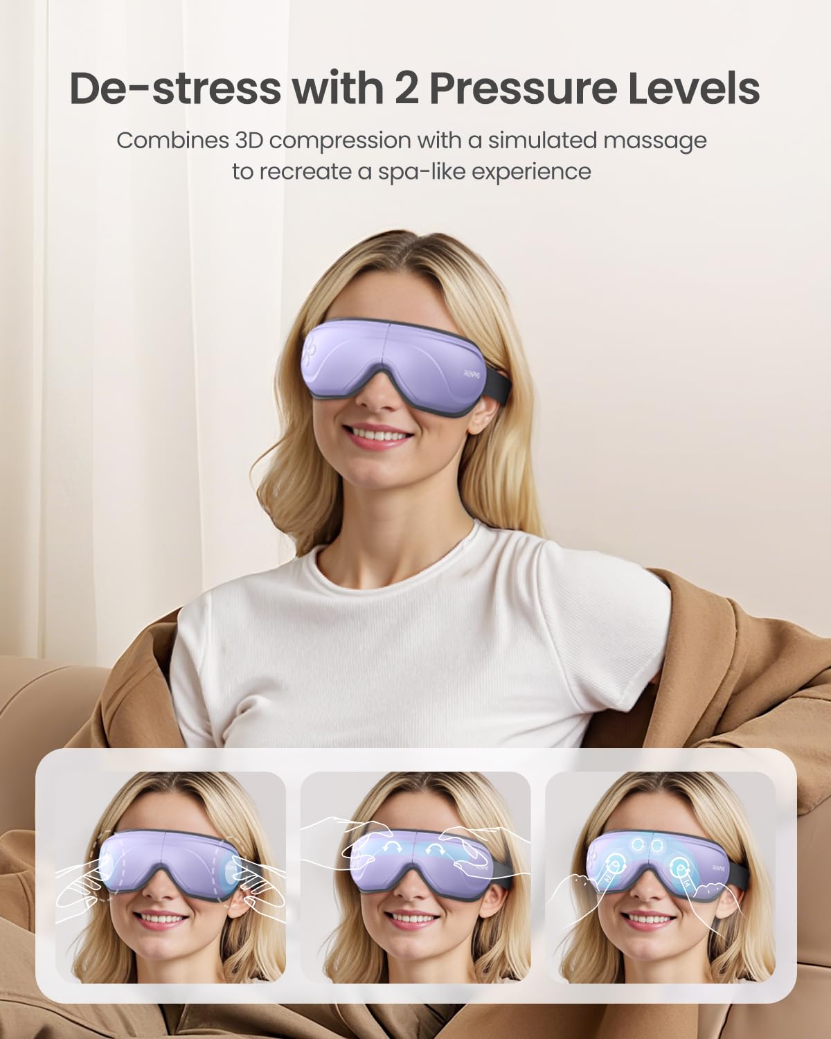 Adjustable heat settings on RENPHO Eye Massager to soothe puffiness and tension.