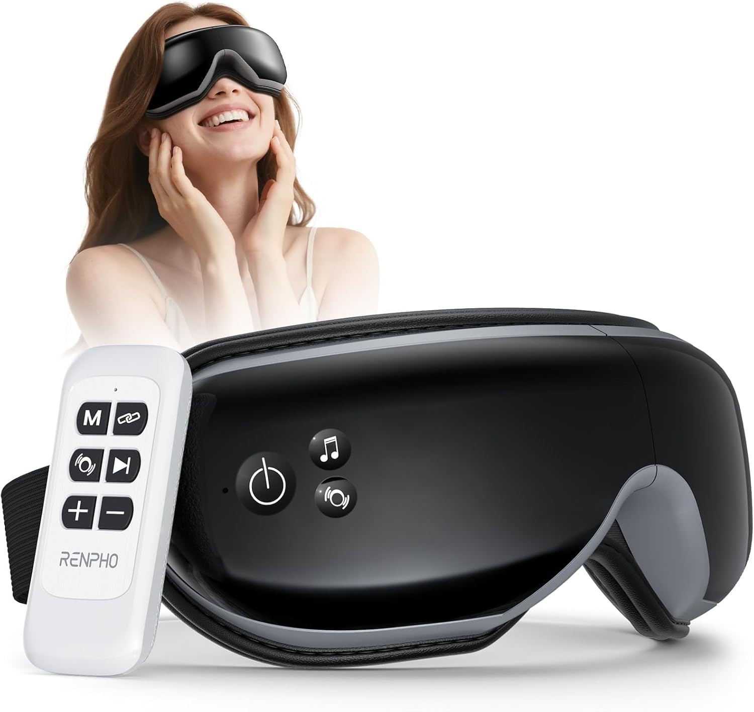 RENPHO Eye Massager with remote control for customizable sessions and quick on-the-go relief.