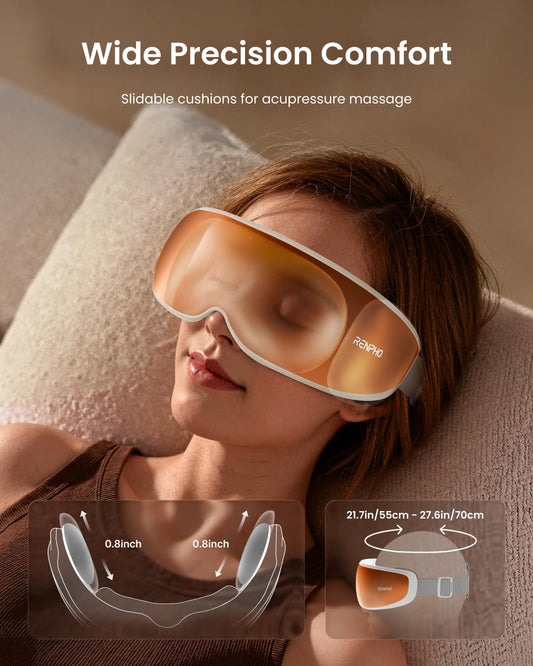RENPHO Eyeris Calina headband adjustment shows secure, comfortable fit.