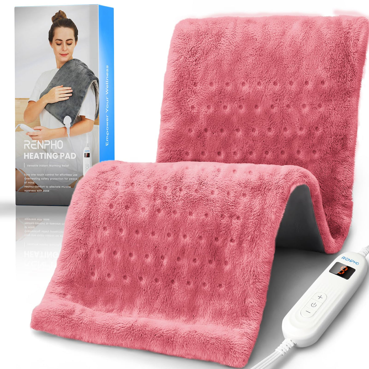 RENPHO pink 12x24 heating pad on back and shoulders for targeted warmth.