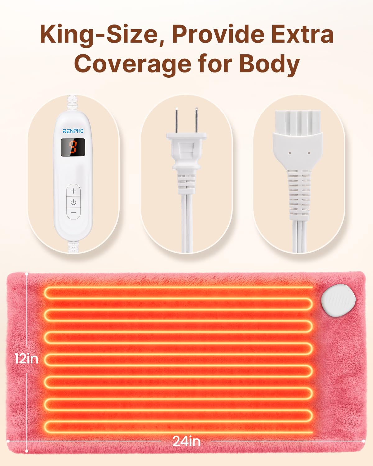 RENPHO pink heating pad wrapped around full body for even heat coverage.