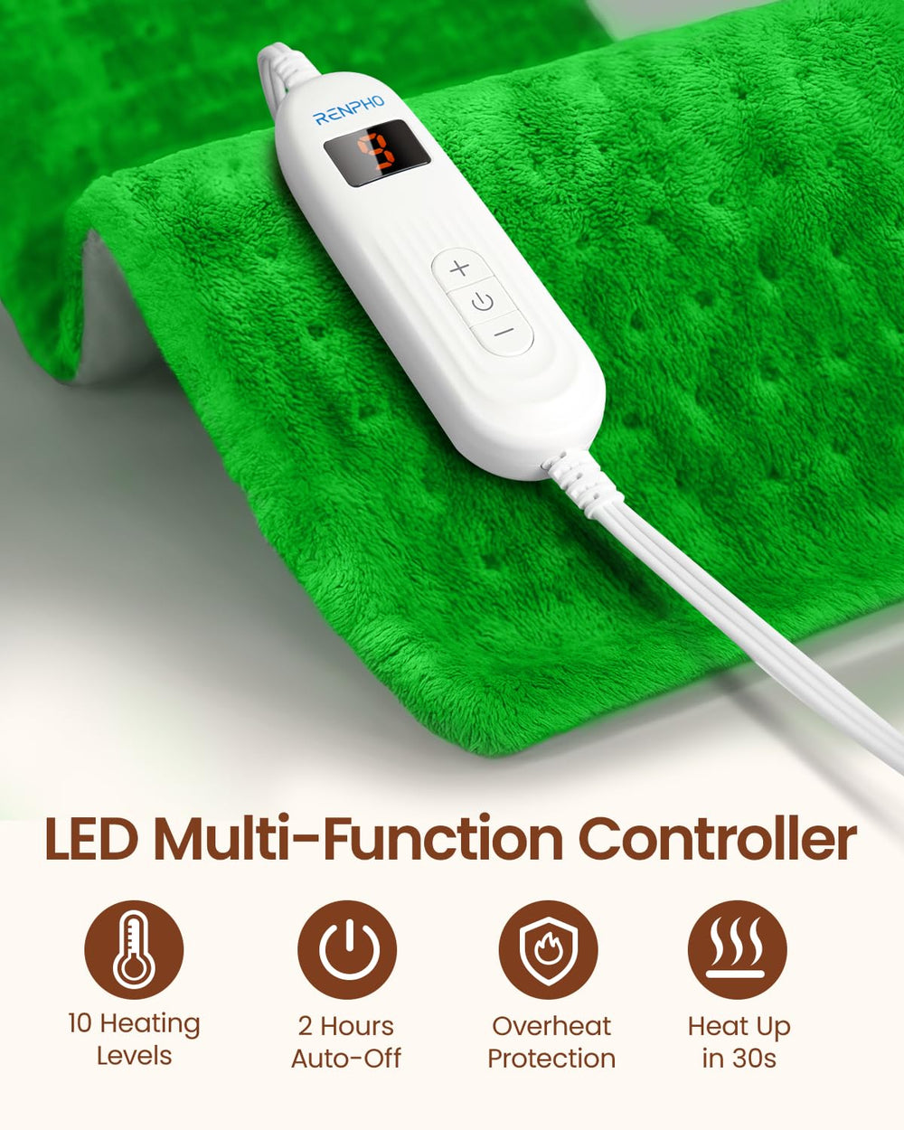 RENPHO heating pad auto-off after 2 hours enhances safety and convenience.