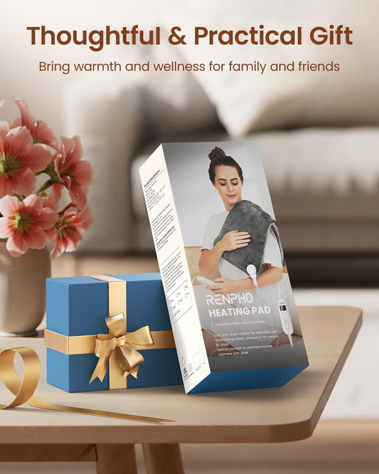 RENPHO heating pad wrapped around back and shoulders for targeted warmth.
