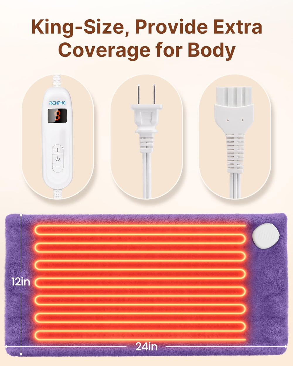 RENPHO handheld controller shows 10 heat settings for customizable warmth.