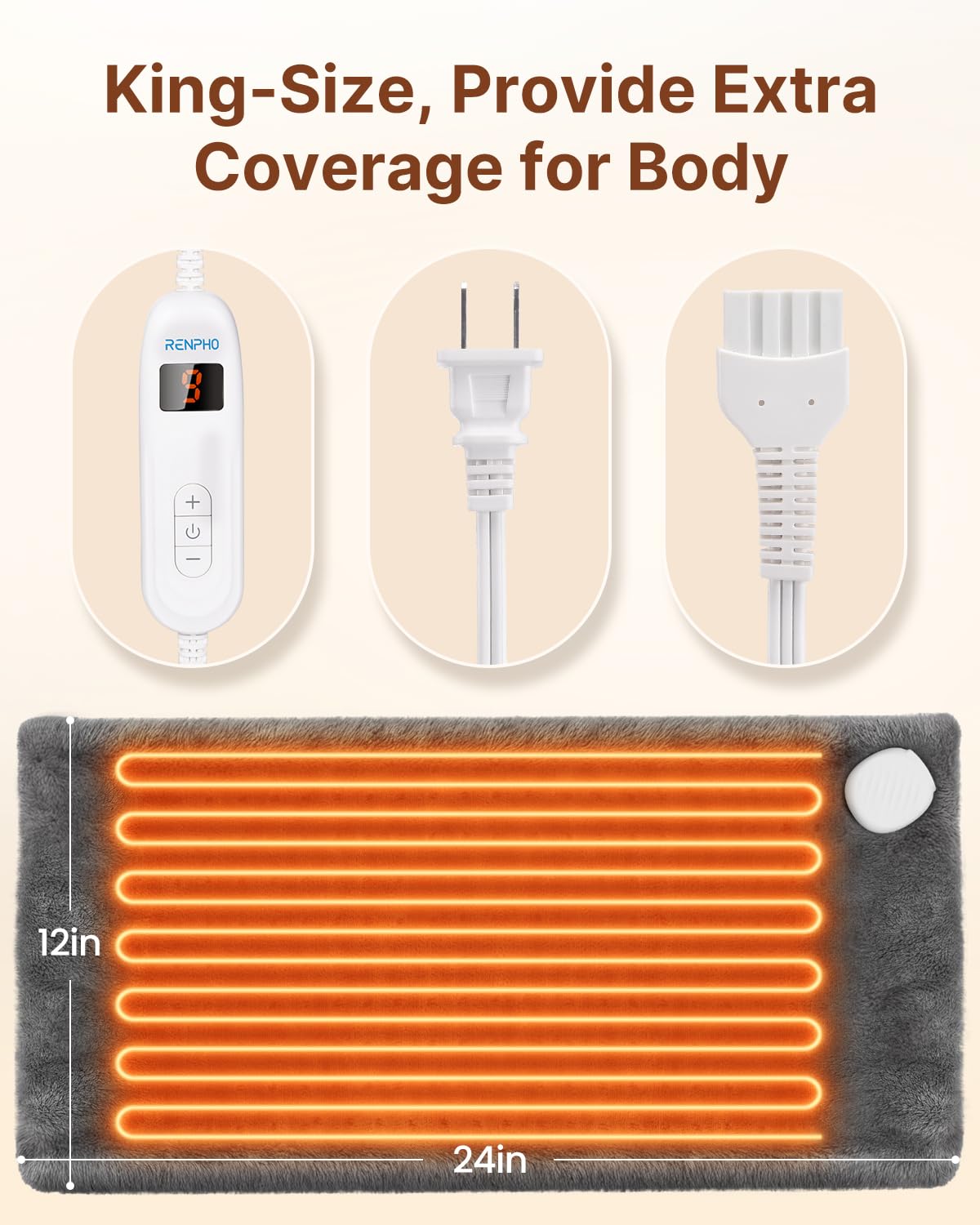 RENPHO remote control shows ten heat settings for personalized comfort.