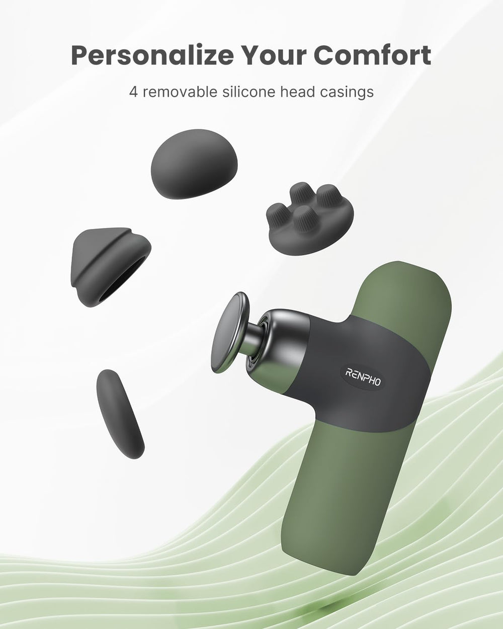 RENPHO Mini Thermal Massage Gun includes four head casings for versatile muscle care.
