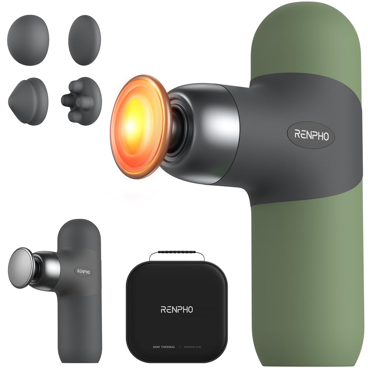 RENPHO Mini Thermal Massage Gun with heat function activated for rapid muscle warm-up.
