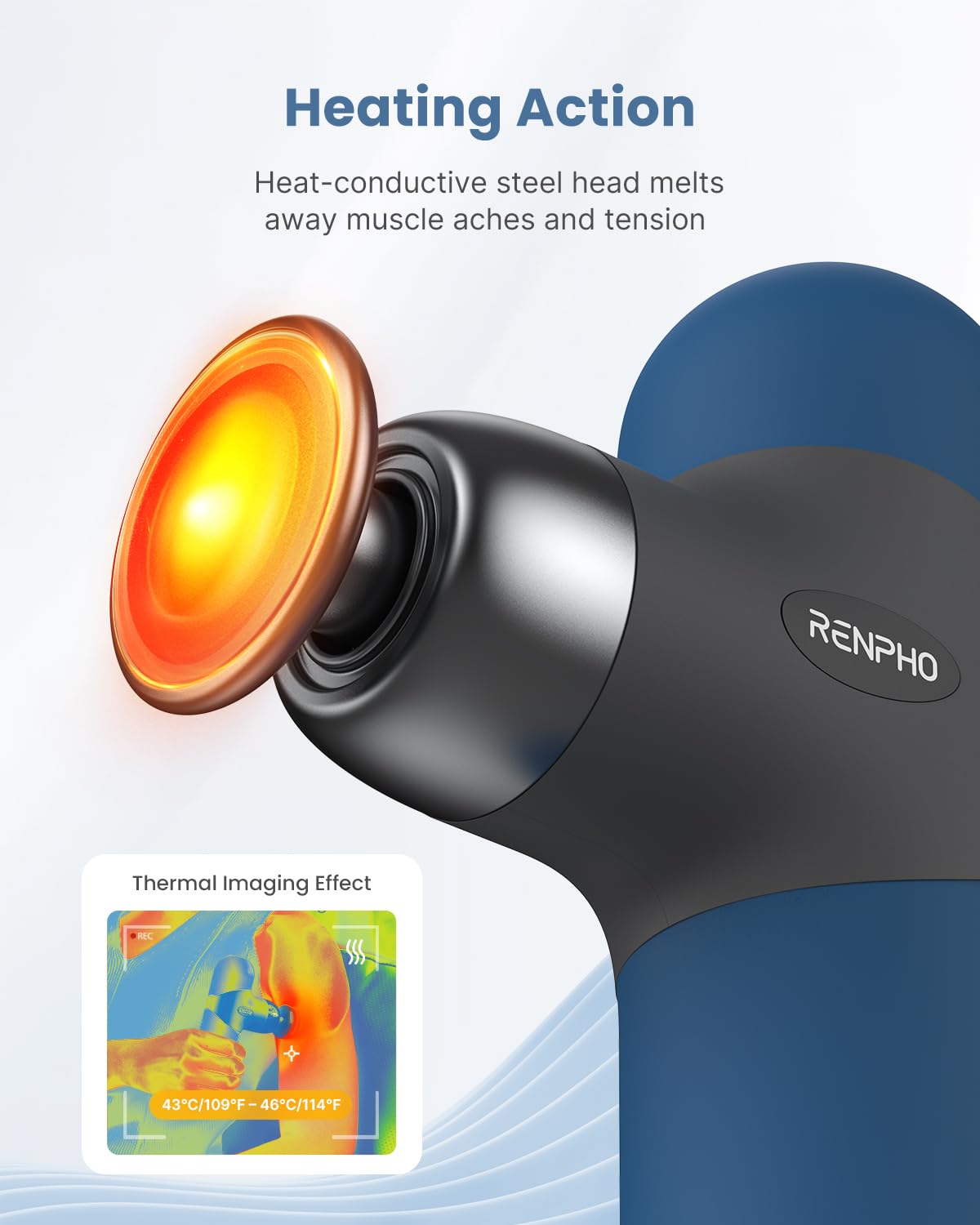 RENPHO heating function active for warm therapy before deep percussion sessions.