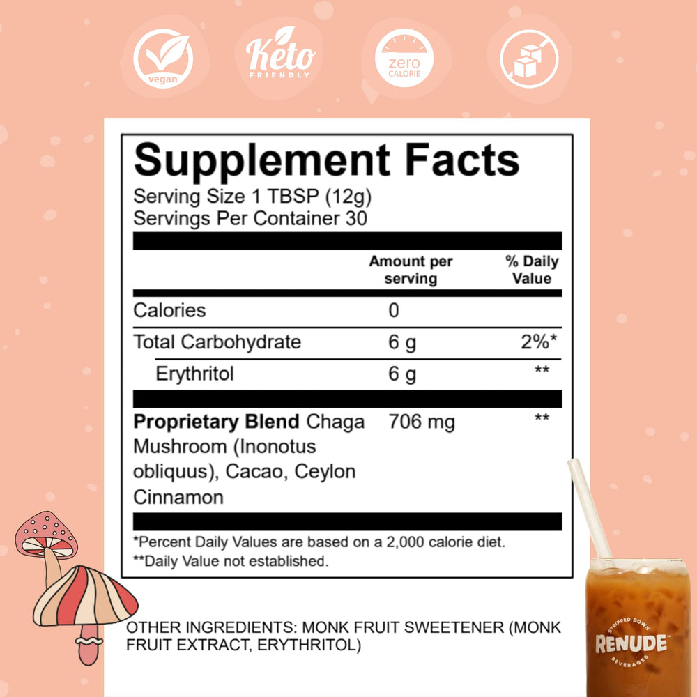 Renude Chagaccino monk fruit sweetener image shows zero calorie balance.