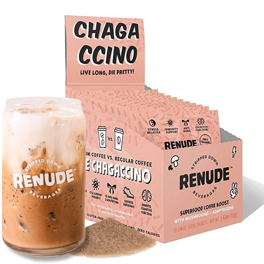 Renude Chagaccino packaging highlights a premium blend for daily energy and focus.