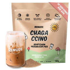 Renude Chagaccino packaging showcases premium blend for daily rituals.