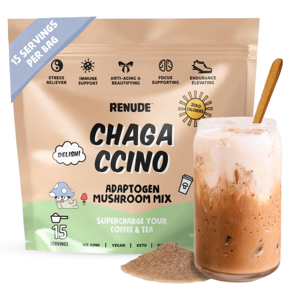 Renude Chagaccino packet front showcases vegan, keto-friendly superfood blend for daily energy.