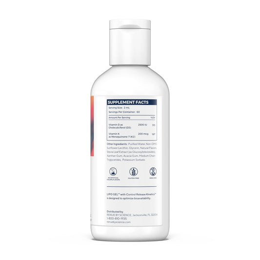 Renue By Science D3 K2 gel drops illustrating sublingual use and quick absorption.
