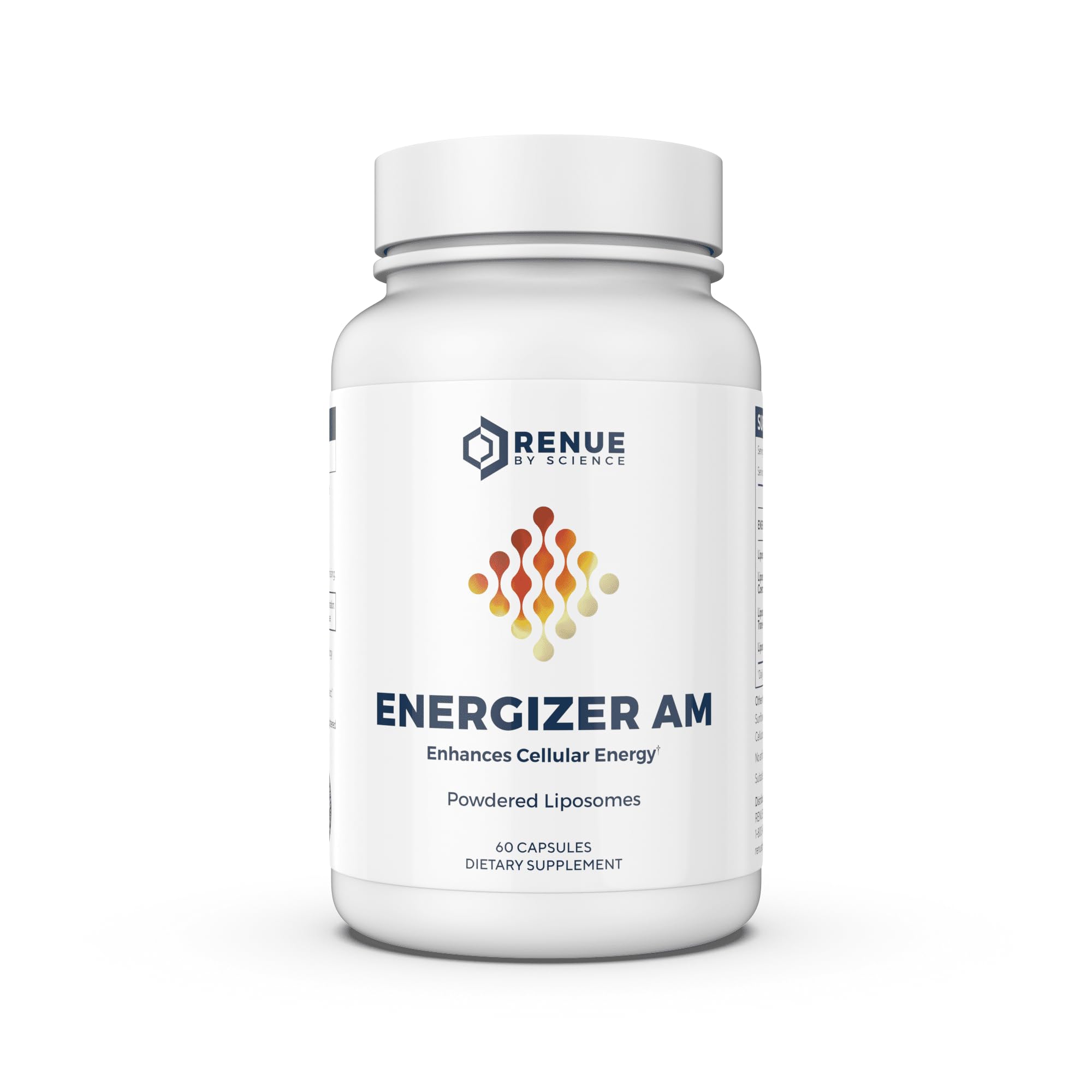 Renue By Science Energizer AM bottle showcases liposomal resveratrol for potential daily vitality.