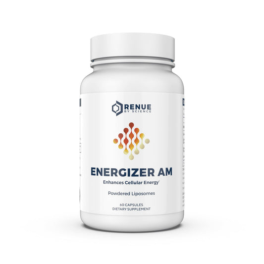 Renue By Science Energizer AM bottle showcases liposomal resveratrol for potential daily vitality.