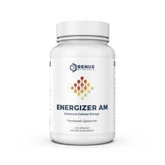 Renue By Science Energizer AM bottle showcases liposomal resveratrol for potential daily vitality.