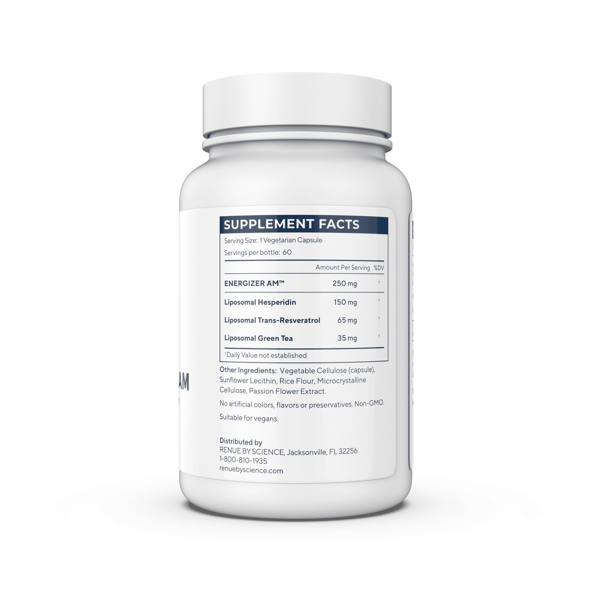 Renue By Science Energizer AM capsules closeup highlights trans-resveratrol and green tea extracts for energy support.