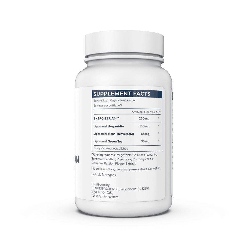 Renue By Science Energizer AM capsules closeup highlights trans-resveratrol and green tea extracts for energy support.