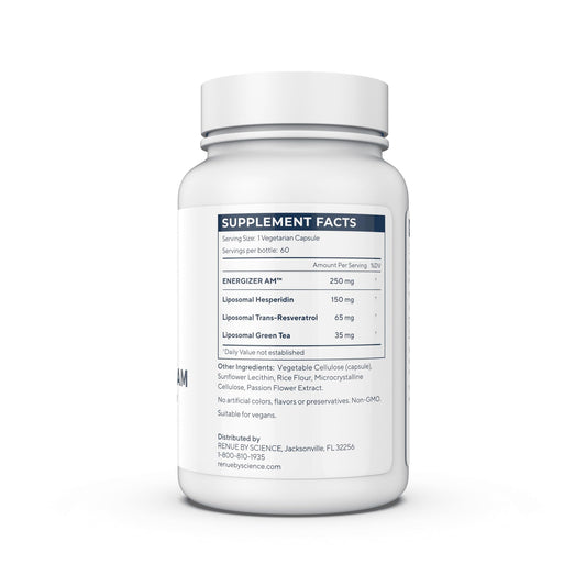 Renue By Science Energizer AM capsules closeup highlights trans-resveratrol and green tea extracts for energy support.