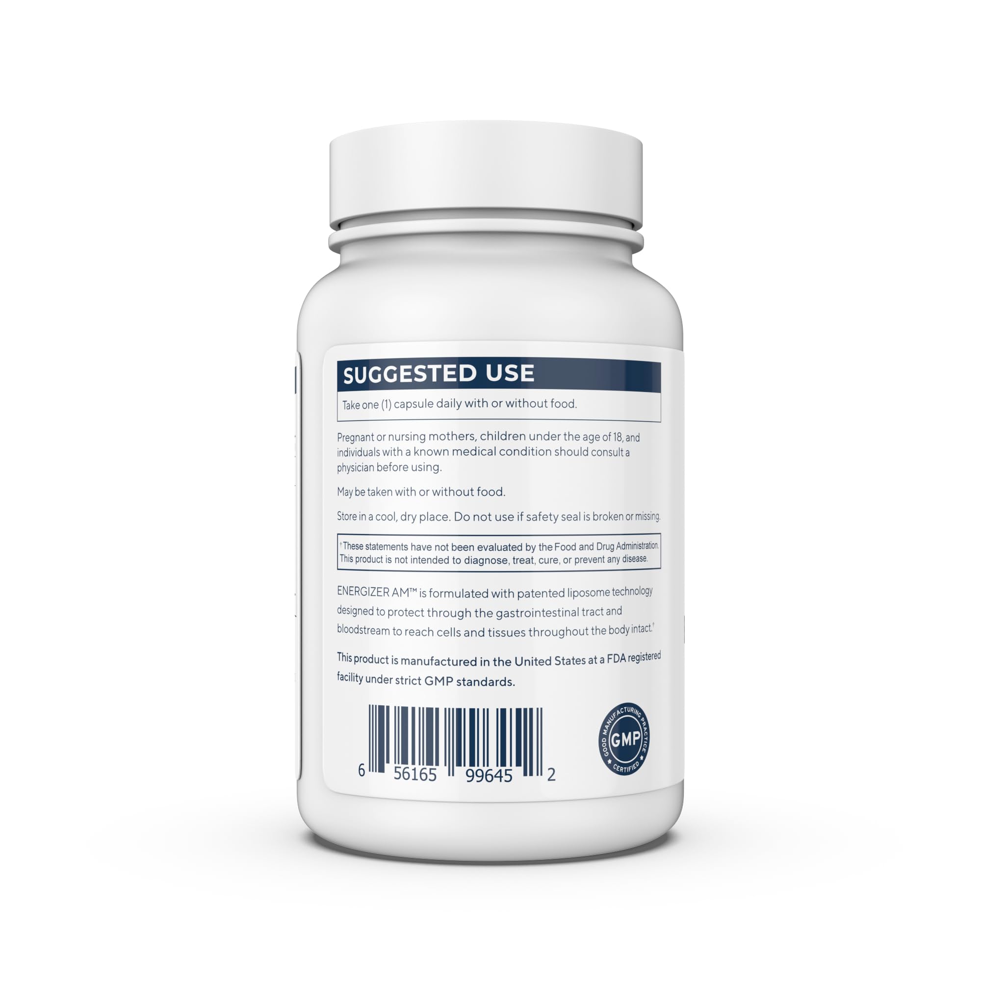 Renue By Science Energizer AM label focuses on non-GMO formula with hesperidin and NAD+ supporting ingredients.