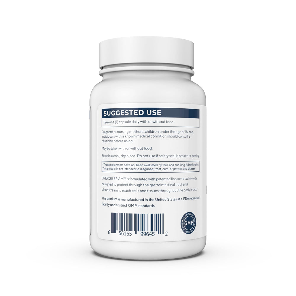 Renue By Science Energizer AM label focuses on non-GMO formula with hesperidin and NAD+ supporting ingredients.