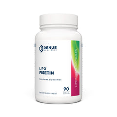Renue By Science fisetin liposomal bottle shows 150 mg per capsule and enhanced absorption.