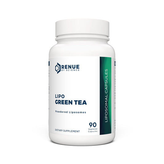 Renue By Science Green Tea Extract bottle front showing liposomal formula for enhanced absorption.